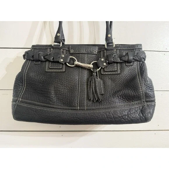 Coach Hampton F13087 Braided Trim Tassle Black‎ Pebble Leather